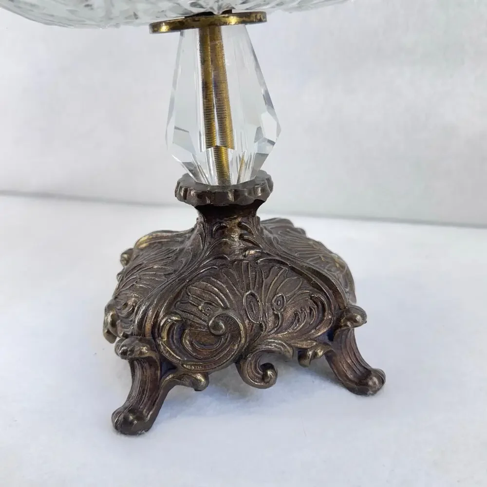 Vintage Crystal Pedestal Compote Dish with Ornate Brass Base, Candy Nut Bowl - Picture 8 of 10